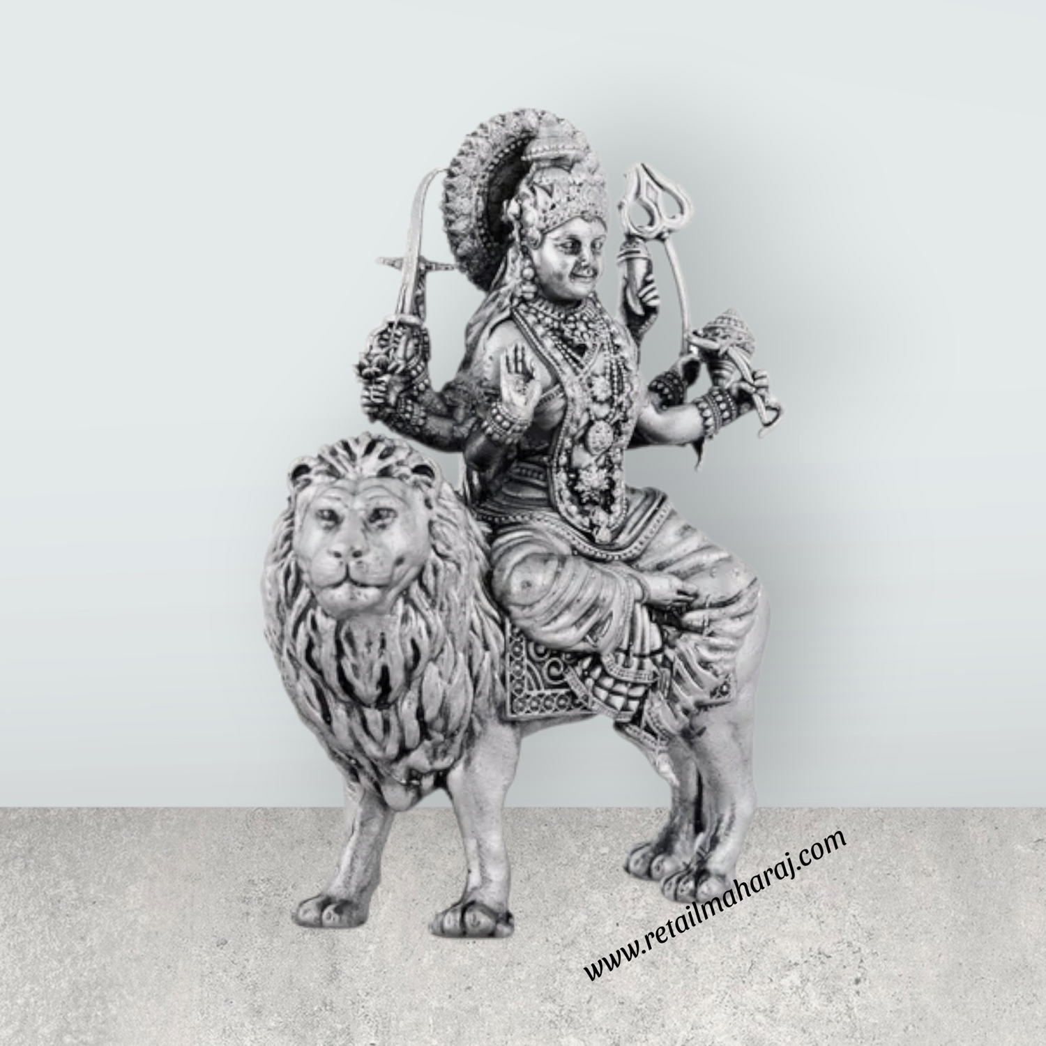 Durga Murti Sitting On Lion - 4 x 3 Inches | Antique German Silver Durga Idol With 8 Hands for Pooja - Retail Maharaj
