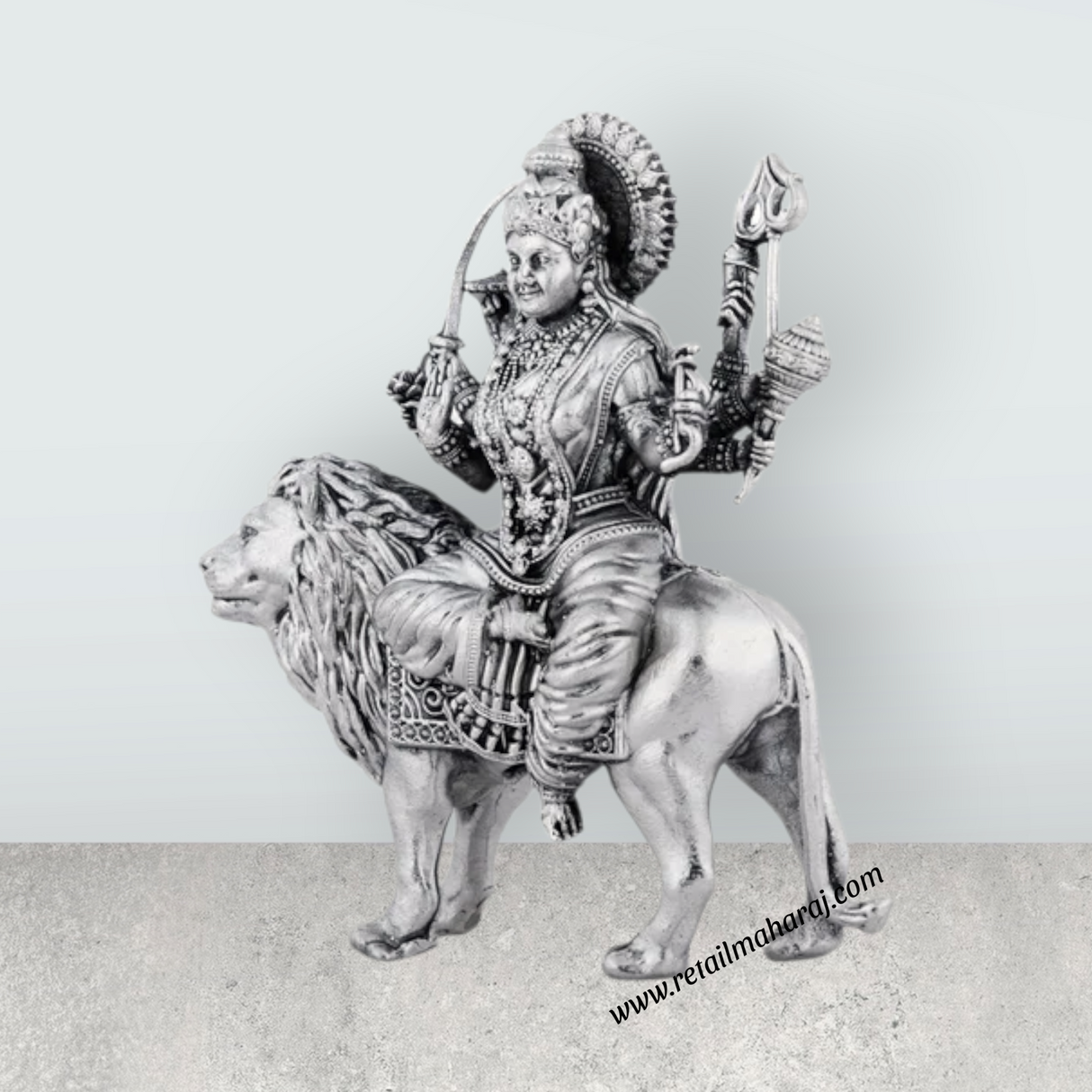Durga Murti Sitting On Lion - 4 x 3 Inches | Antique German Silver Durga Idol With 8 Hands for Pooja - Retail Maharaj