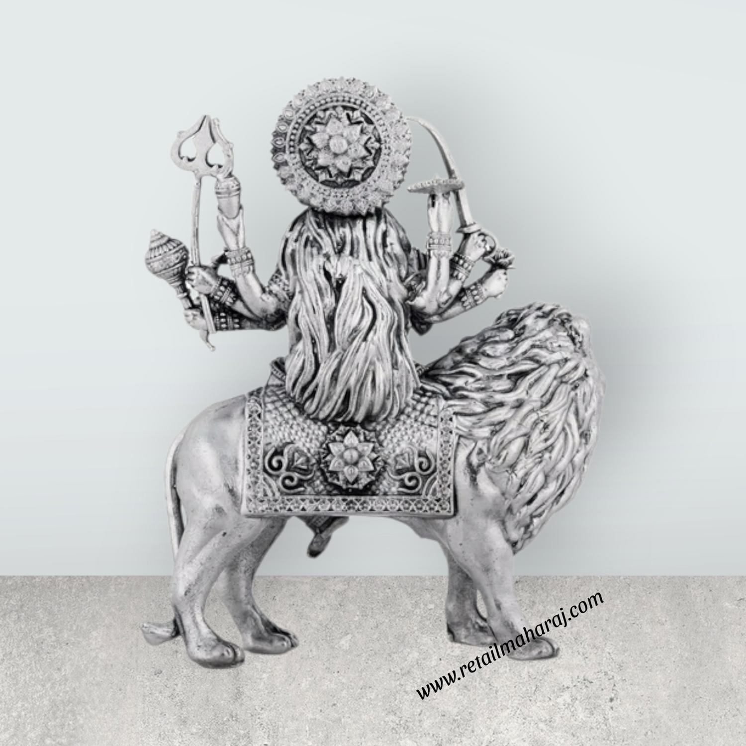 Durga Murti Sitting On Lion - 4 x 3 Inches | Antique German Silver Durga Idol With 8 Hands for Pooja - Retail Maharaj