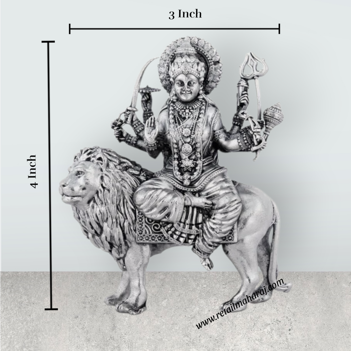 Durga Murti Sitting On Lion - 4 x 3 Inches | Antique German Silver Durga Idol With 8 Hands for Pooja - Retail Maharaj