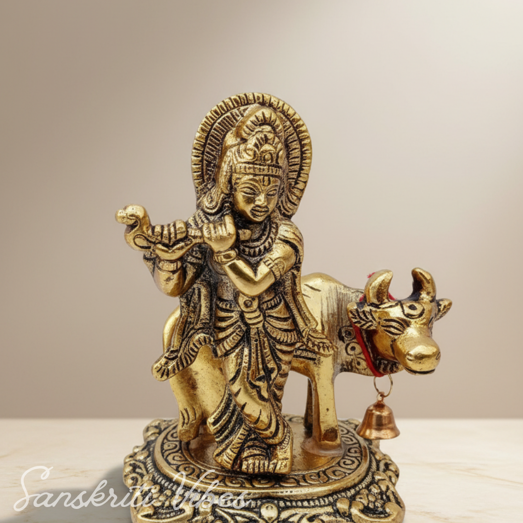 Kamdhenu Cow with Krishna Idol – Metal Decorative Statue for Pooja & Home Temple by Sanskriti Vibes | Glossy Finish - Retail Maharaj