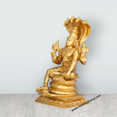 Vishnu Sitting on Sheshnag - 6.5 x 3 Inches | Panchaloha Vishnu Idol / Murti for Home & Pooja Decor - Retail Maharaj