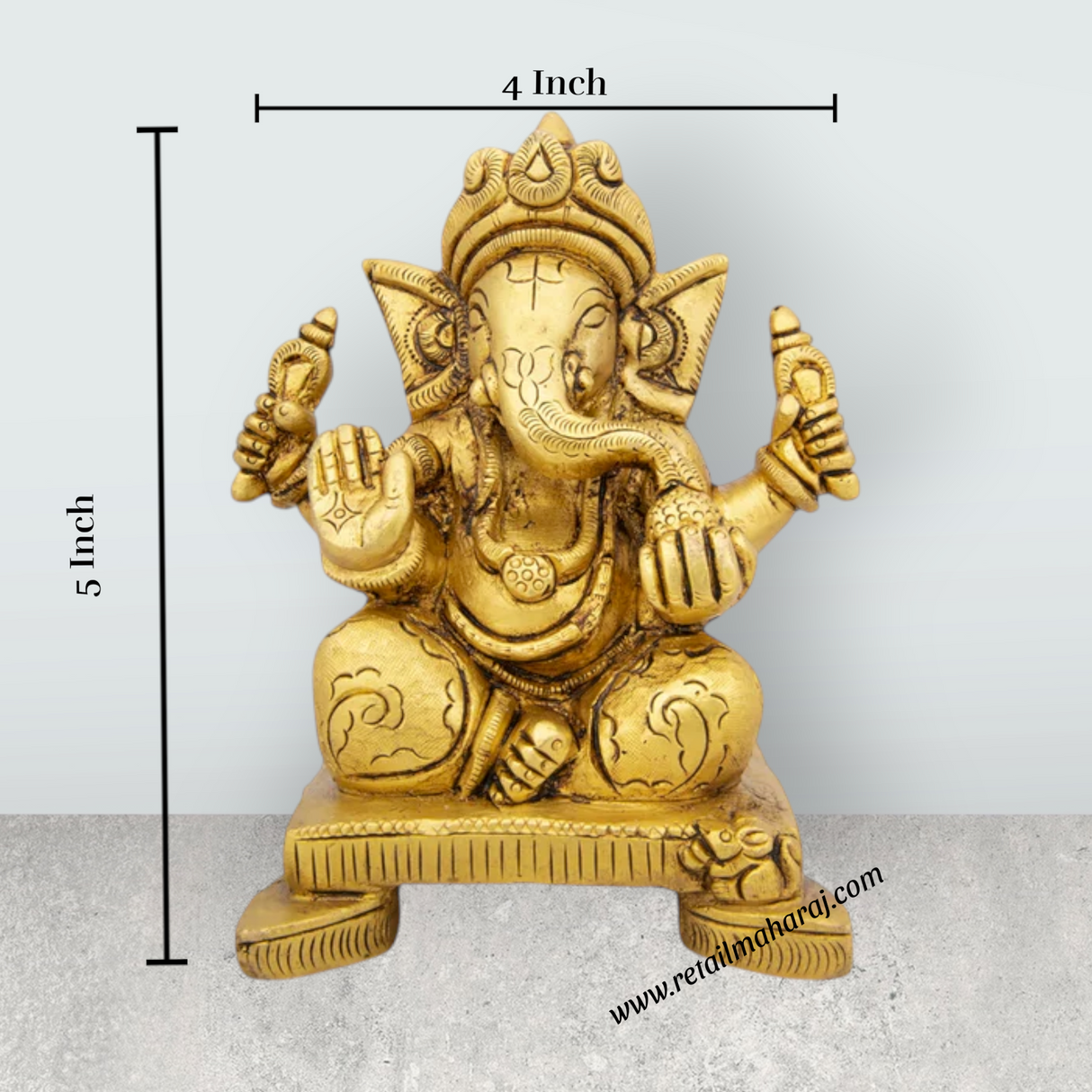 Ganesh Murti Sitting On Chowki - 5 x 4 Inches | Antique Brass Idol/ Ganpati Idol/ Vinayaka Statue/ 1.415 Kgs - Retail Maharaj
