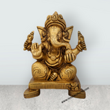 Ganesh Murti Sitting On Chowki - 5 x 4 Inches | Antique Brass Idol/ Ganpati Idol/ Vinayaka Statue/ 1.415 Kgs - Retail Maharaj