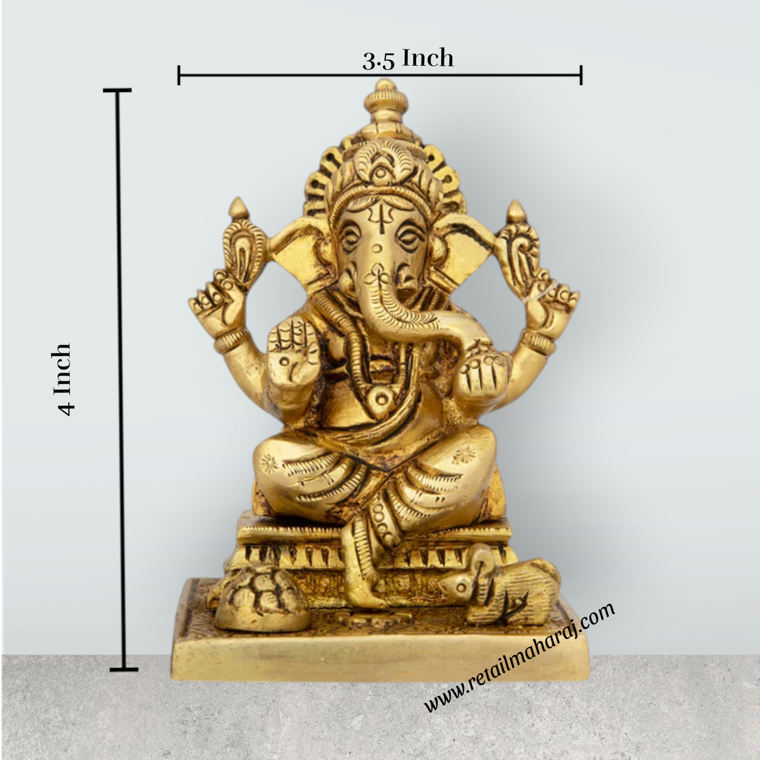 Ganesh Murti Sitting On Chowki - 4 x 3.5 Inches | Antique Brass Idol/ Ganpati Idol for Pooja/ 640 Gms Approx - Retail Maharaj