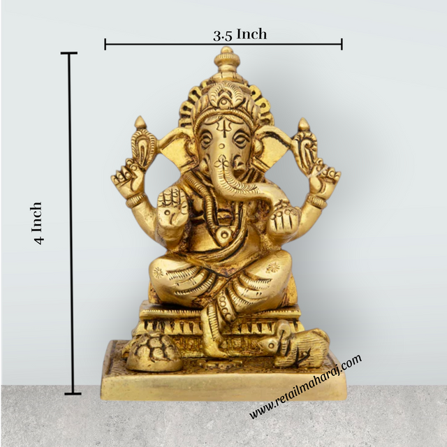 Ganesh Murti Sitting On Chowki - 4 x 3.5 Inches | Antique Brass Idol/ Ganpati Idol for Pooja/ 640 Gms Approx - Retail Maharaj