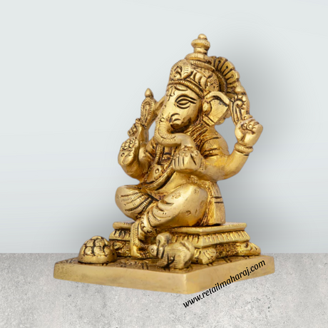 Ganesh Murti Sitting On Chowki - 4 x 3.5 Inches | Antique Brass Idol/ Ganpati Idol for Pooja/ 640 Gms Approx - Retail Maharaj