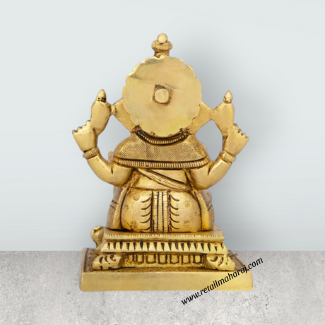 Ganesh Murti Sitting On Chowki - 4 x 3.5 Inches | Antique Brass Idol/ Ganpati Idol for Pooja/ 640 Gms Approx - Retail Maharaj