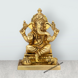 Ganesh Murti Sitting On Chowki - 4 x 3.5 Inches | Antique Brass Idol/ Ganpati Idol for Pooja/ 640 Gms Approx - Retail Maharaj