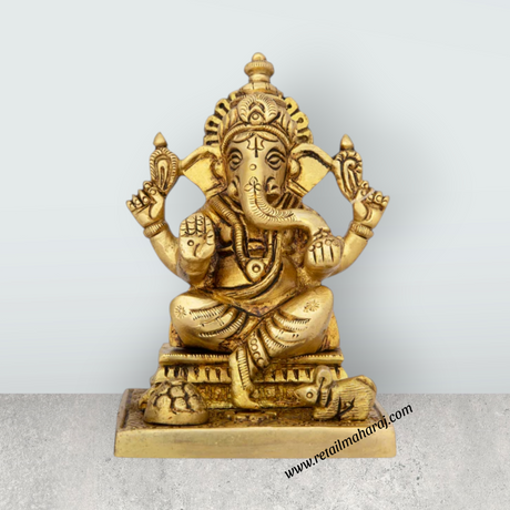 Ganesh Murti Sitting On Chowki - 4 x 3.5 Inches | Antique Brass Idol/ Ganpati Idol for Pooja/ 640 Gms Approx - Retail Maharaj