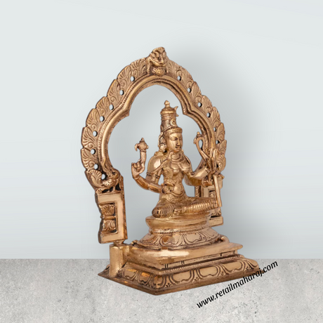 Kamakshi Sitting on Base With Arch Murti - 4.5 x 3.25 Inches | Panchaloha Statue / Kamatchi Amman Idol for Pooja - Retail Maharaj