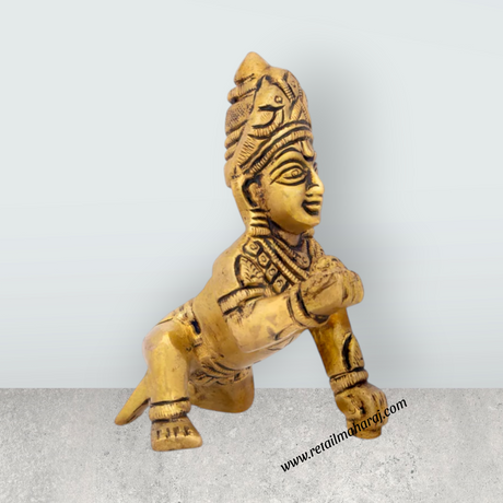 Krishnan Statue - 3.5 x 2.75 Inches | Brass Statue/ Crawling Krishna Idol for Pooja/ 335 Gms Approx - Retail Maharaj