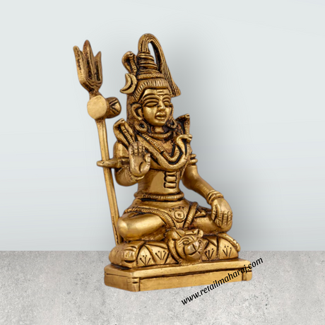 Shiva Statue With Base - 4.5 x 2.5 Inches | Antique Brass Idol/ Sitting Shiv Murti for Pooja/ 495 Gms Approx - Retail Maharaj