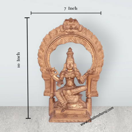 Saraswati sitting on Base Murti - 10 x 7 inches | Panchaloha Idol / Vagdevi with arch Statue for pooja - Retail Maharaj