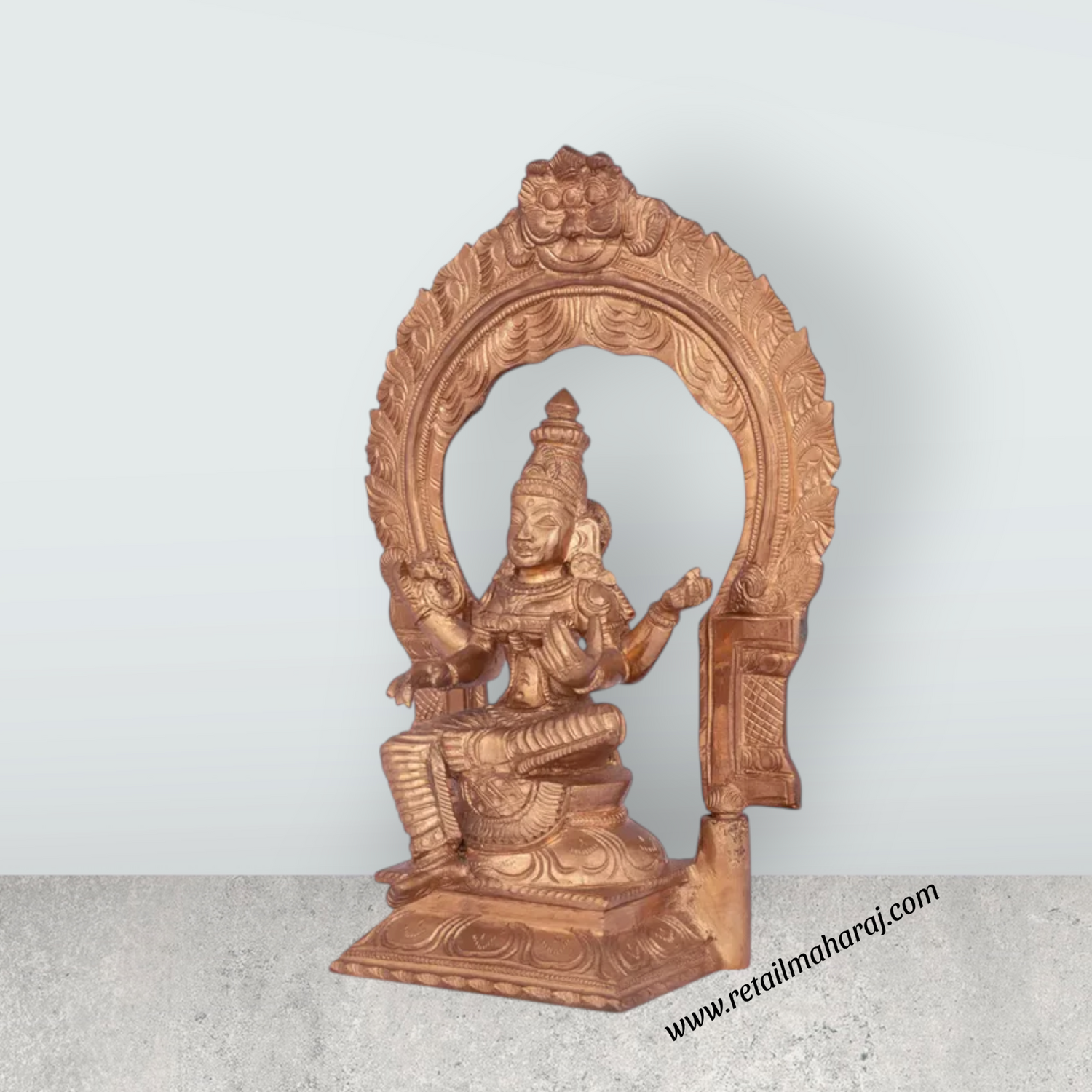 Saraswati sitting on Base Murti - 10 x 7 inches | Panchaloha Idol / Vagdevi with arch Statue for pooja - Retail Maharaj