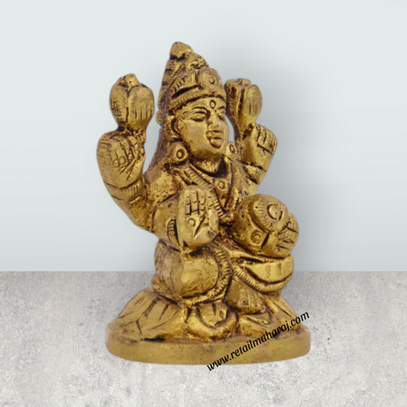 Lakshmi Idol Sitting On Flower Base - 2.5 x 1.75 Inches | Antique Brass Idol / Laxmi Idol for Pooja - Retail Maharaj