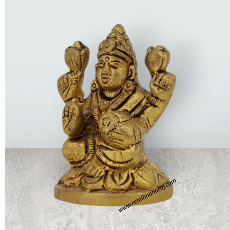 Lakshmi Idol Sitting On Flower Base - 2.5 x 1.75 Inches | Antique Brass Idol / Laxmi Idol for Pooja - Retail Maharaj