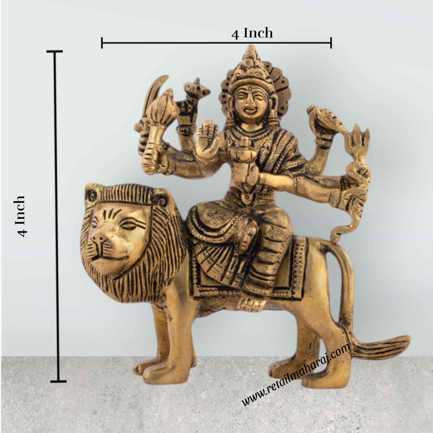 Durga Devi With Lion 8 Hands - 4 x 4 Inches | Antique Brass Idol/ Durga Murti for Pooja/ 600 Gms Approx - Retail Maharaj