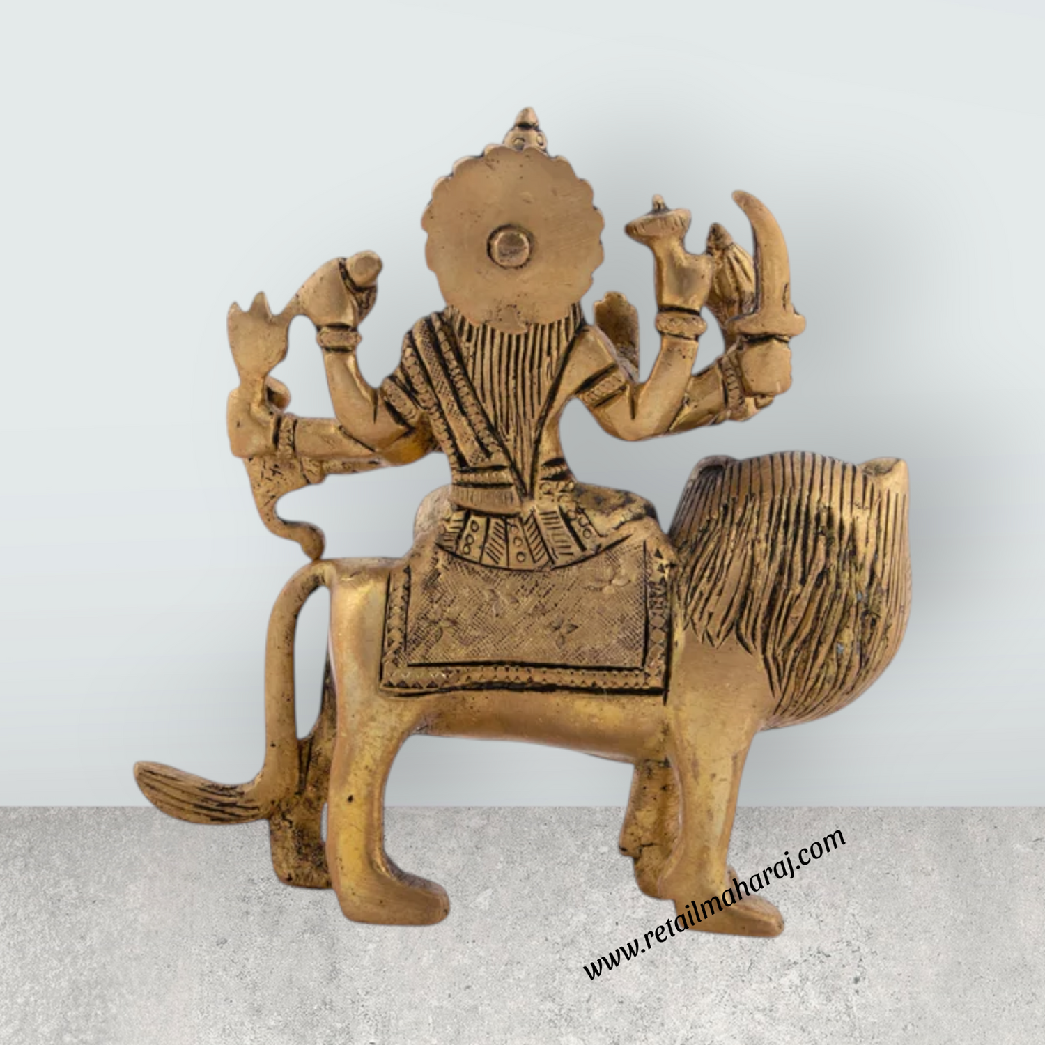 Durga Devi With Lion 8 Hands - 4 x 4 Inches | Antique Brass Idol/ Durga Murti for Pooja/ 600 Gms Approx - Retail Maharaj