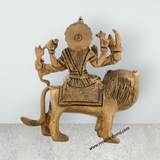 Durga Devi With Lion 8 Hands - 4 x 4 Inches | Antique Brass Idol/ Durga Murti for Pooja/ 600 Gms Approx - Retail Maharaj