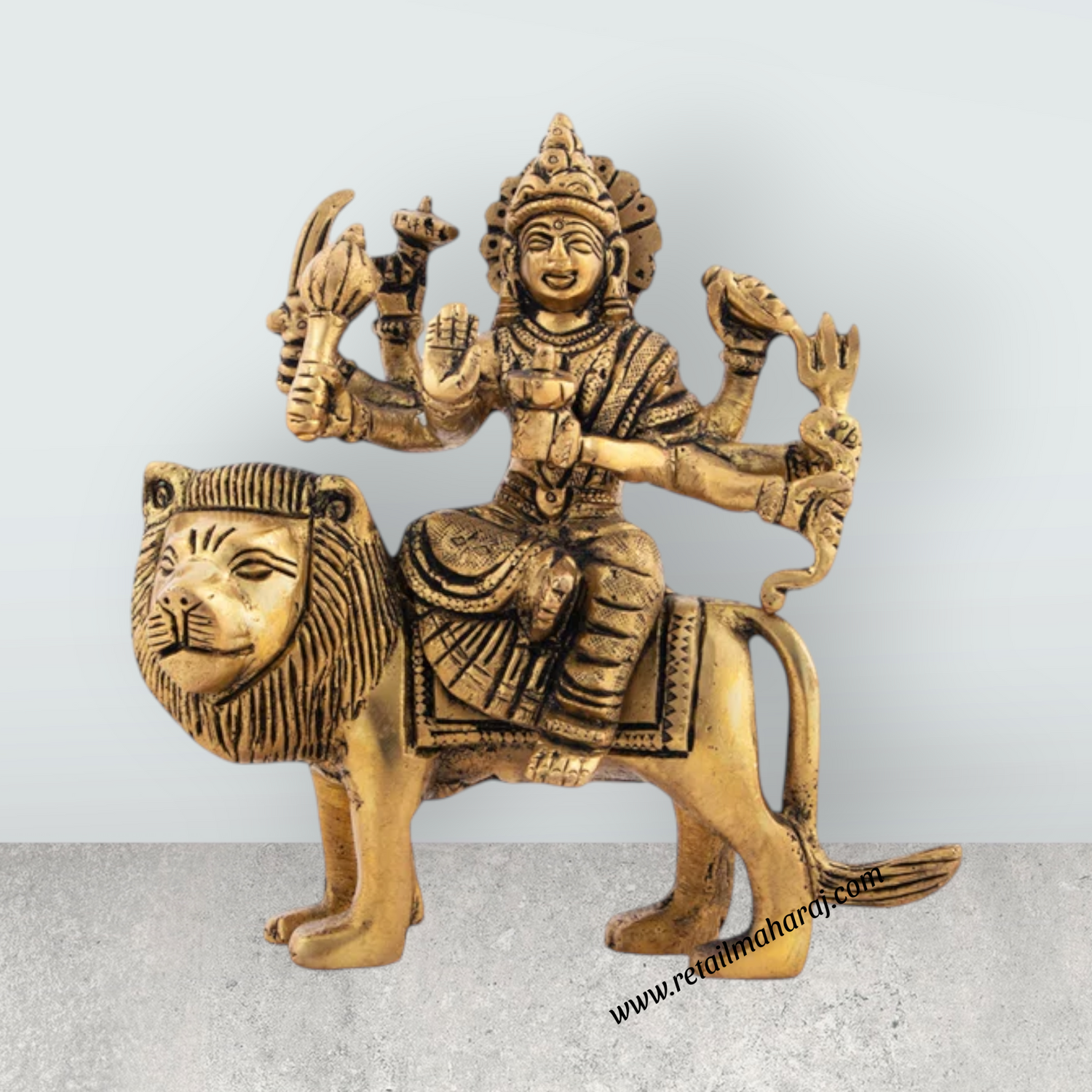 Durga Devi With Lion 8 Hands - 4 x 4 Inches | Antique Brass Idol/ Durga Murti for Pooja/ 600 Gms Approx - Retail Maharaj
