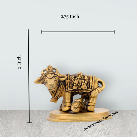 Cow and Calf Idol - 2 x 2.75 Inches | Antique Brass Statue/ Kamadhenu Statue for Pooja/ 240 Gms Approx - Retail Maharaj