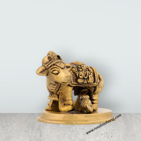 Cow and Calf Idol - 2 x 2.75 Inches | Antique Brass Statue/ Kamadhenu Statue for Pooja/ 240 Gms Approx - Retail Maharaj