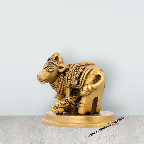 Cow and Calf Idol - 2 x 2.75 Inches | Antique Brass Statue/ Kamadhenu Statue for Pooja/ 240 Gms Approx - Retail Maharaj