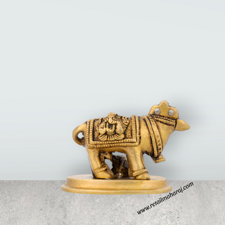 Cow and Calf Idol - 2 x 2.75 Inches | Antique Brass Statue/ Kamadhenu Statue for Pooja/ 240 Gms Approx - Retail Maharaj