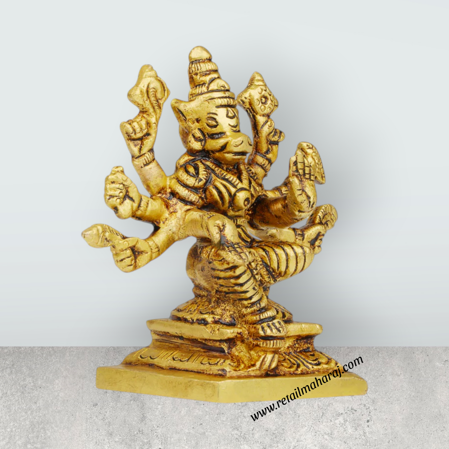 Varahi Amman Statue Sitting On Base - 3.5 x 3.5 Inches | Antique Brass Idol/ Varahi 8 Hands Idol for Pooja