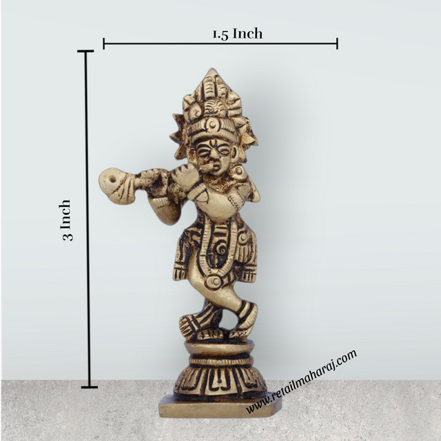 Krishna Murti - 3 x 1.5 Inches | Krishna Statue/ Antique Brass Idol/ Standing Krishna Idol for Pooja/ 120 Gms - Retail Maharaj
