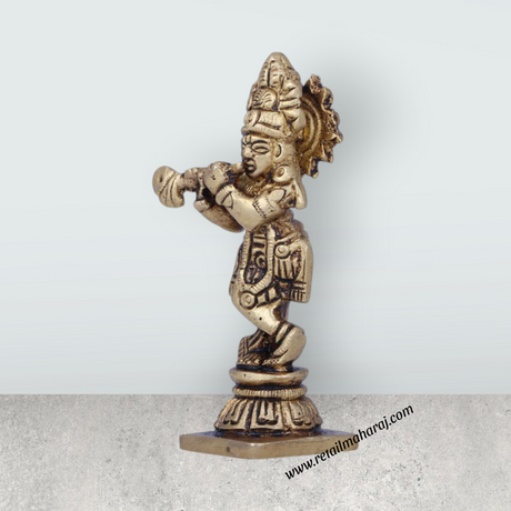 Krishna Murti - 3 x 1.5 Inches | Krishna Statue/ Antique Brass Idol/ Standing Krishna Idol for Pooja/ 120 Gms - Retail Maharaj