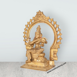 Saraswati Sitting on Base with Arch Murti - 9.5 x 7.5 inches | Panchaloha Idol / Vagdevi Statue for pooja - Retail Maharaj