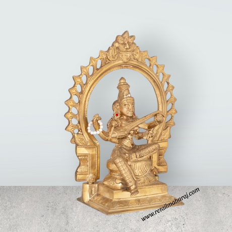 Saraswati Sitting on Base with Arch Murti - 9.5 x 7.5 inches | Panchaloha Idol / Vagdevi Statue for pooja - Retail Maharaj