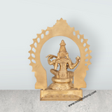 Saraswati Sitting on Base with Arch Murti - 9.5 x 7.5 inches | Panchaloha Idol / Vagdevi Statue for pooja - Retail Maharaj