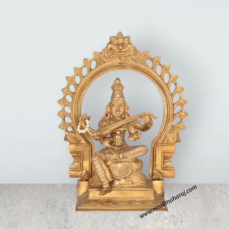 Saraswati Sitting on Base with Arch Murti - 9.5 x 7.5 inches | Panchaloha Idol / Vagdevi Statue for pooja - Retail Maharaj
