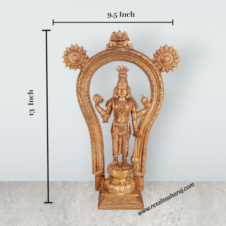 Guruvayurappan Standing On Base Murti - 13 x 9.5 Inches | Panchaloha Idol/ Guruvayurappa Statue With Arch for Pooja - Retail Maharaj