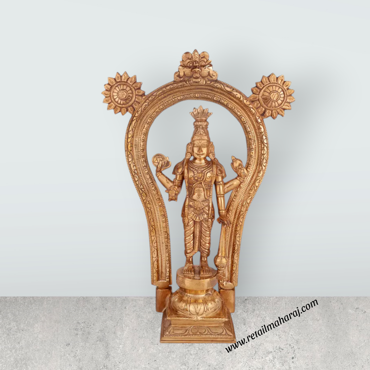 Guruvayurappan Standing On Base Murti - 13 x 9.5 Inches | Panchaloha Idol/ Guruvayurappa Statue With Arch for Pooja - Retail Maharaj