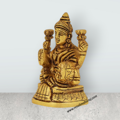 Laxmi Murti Sitting On Base - 3 x 2 Inches | Antique Brass Idol/ Lakshmi Idol/ Lakshmi Murti for Pooja - Retail Maharaj