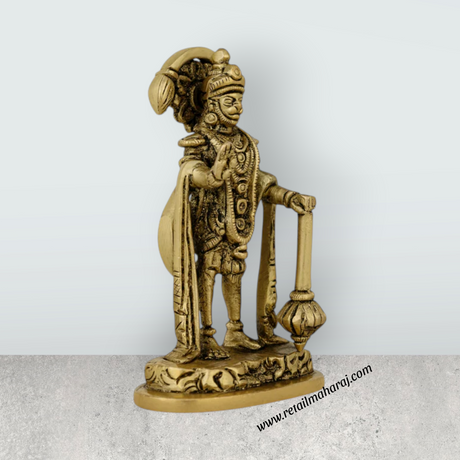 Anjaneya Statue Standing On Base - 3.5 X 1 Inches | Antique Brass Idol/ Hanuman Statue For Divine Blessings - Retail Maharaj