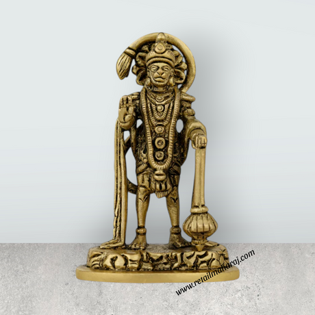 Anjaneya Statue Standing On Base - 3.5 X 1 Inches | Antique Brass Idol/ Hanuman Statue For Divine Blessings - Retail Maharaj