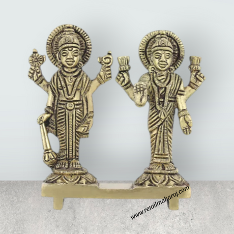 Vishnu Lakshmi Idol Standing On Base – 3.5 X 3.5 Inches Antique Brass Idol Laxmi Vishnu Murti For Home Pooja - Retail Maharaj
