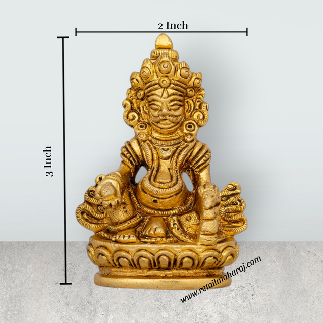 Kuber Statue Sitting On Flower Base - 3 x 2 Inches | Antique Brass Idol/ Kuber Murti/ Kubera Statue for Pooja - Retail Maharaj