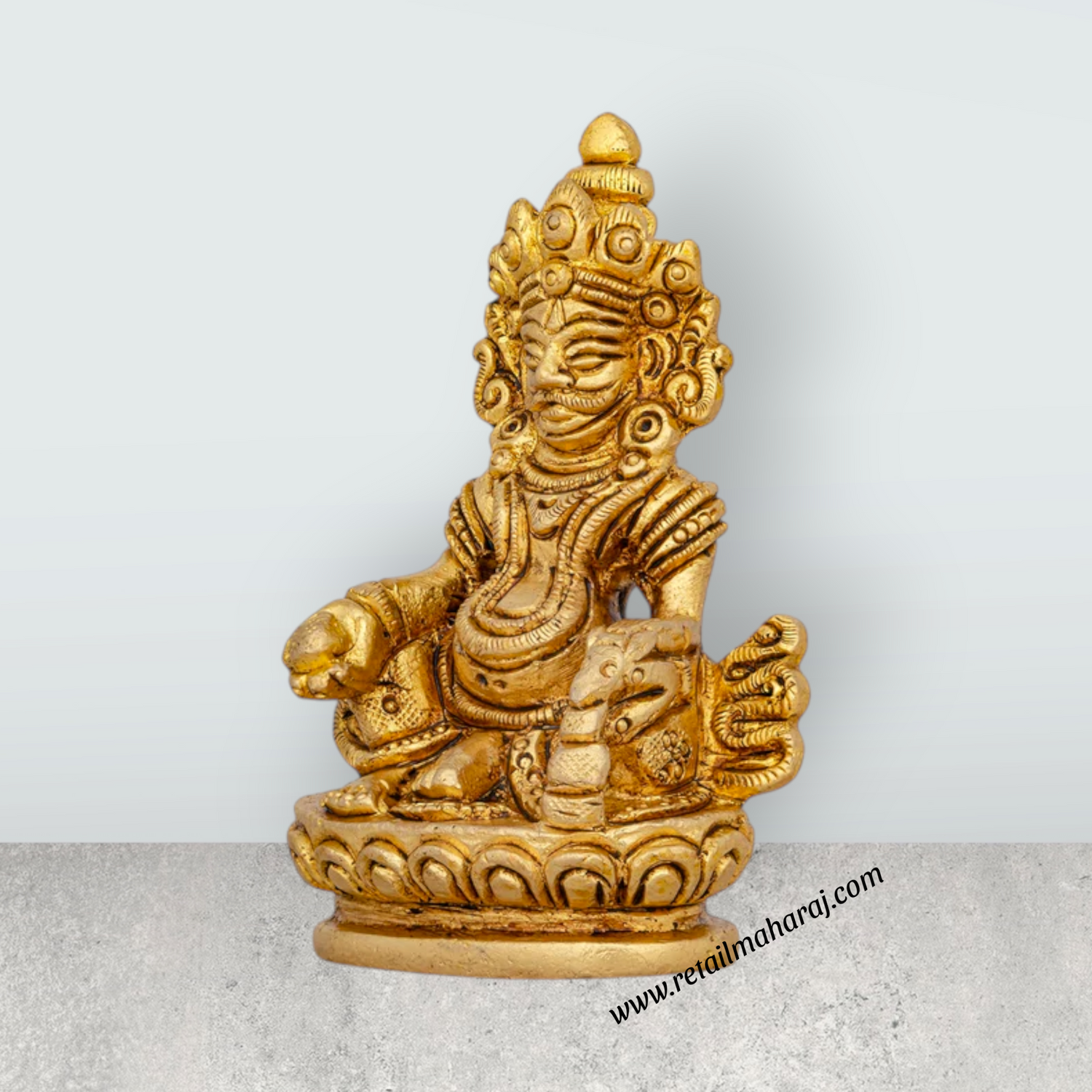 Kuber Statue Sitting On Flower Base - 3 x 2 Inches | Antique Brass Idol/ Kuber Murti/ Kubera Statue for Pooja - Retail Maharaj