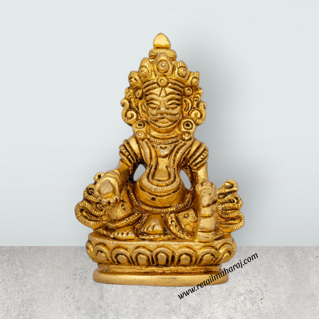 Kuber Statue Sitting On Flower Base - 3 x 2 Inches | Antique Brass Idol/ Kuber Murti/ Kubera Statue for Pooja - Retail Maharaj