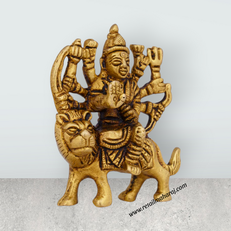 Durga Idol Sitting On Lion - 3 x 2.5 Inches | Antique Brass Idol/ Durga Murti/ Durga Statue for Pooja - Retail Maharaj