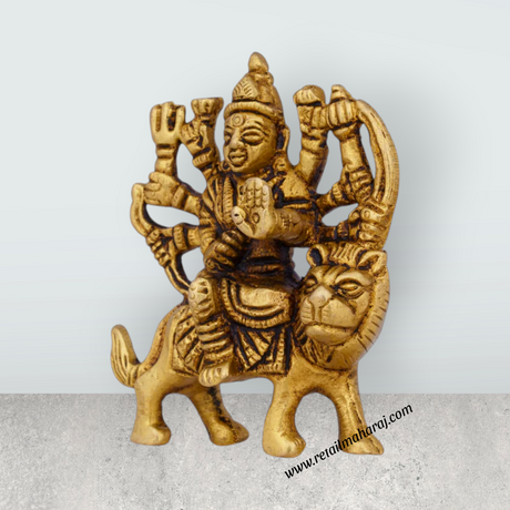 Durga Idol Sitting On Lion - 3 x 2.5 Inches | Antique Brass Idol/ Durga Murti/ Durga Statue for Pooja - Retail Maharaj