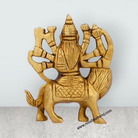 Durga Idol Sitting On Lion - 3 x 2.5 Inches | Antique Brass Idol/ Durga Murti/ Durga Statue for Pooja - Retail Maharaj