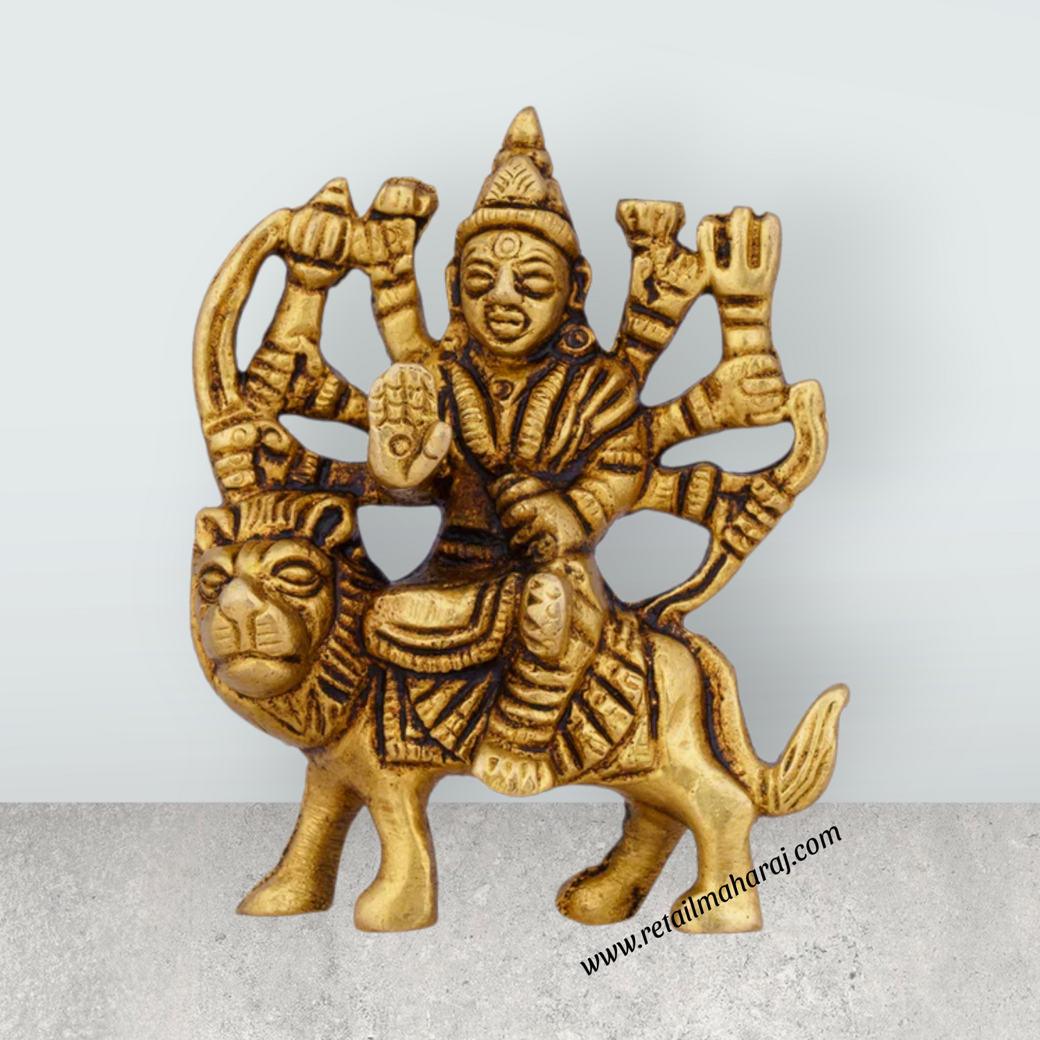Durga Idol Sitting On Lion - 3 x 2.5 Inches | Antique Brass Idol/ Durga Murti/ Durga Statue for Pooja - Retail Maharaj