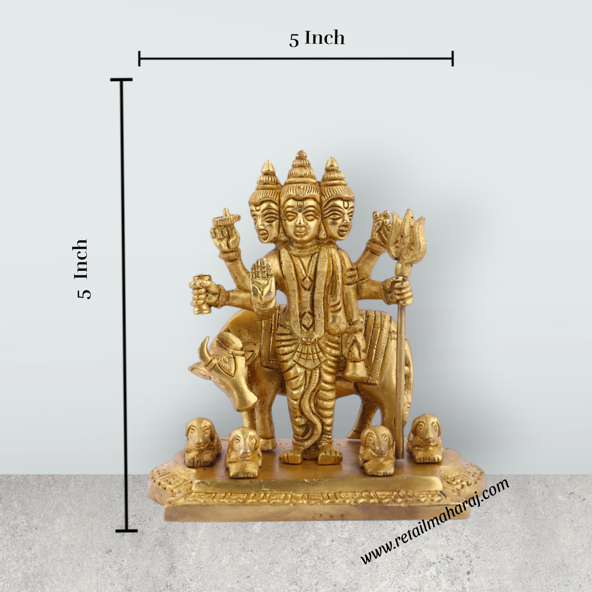 Datta Murti Standing On Base - 5 x 5 Inches | Antique Brass Idol/ Dattatreya Idol/ Datta Idol for Pooja - Retail Maharaj